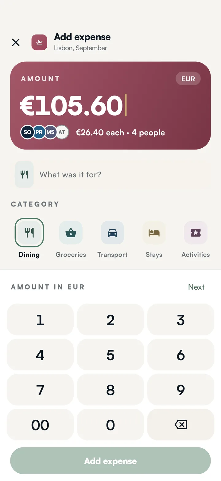 Adding an expense: €105.60 typed on a number pad under the Lisbon group's colour, with the four people in the split and €26.40 each shown as the digits go in.