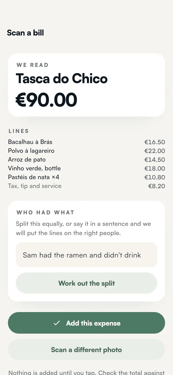 A scanned bill from Tasca do Chico: €90.00 read from the paper, five lines listed with their prices, and a box to say who had what.