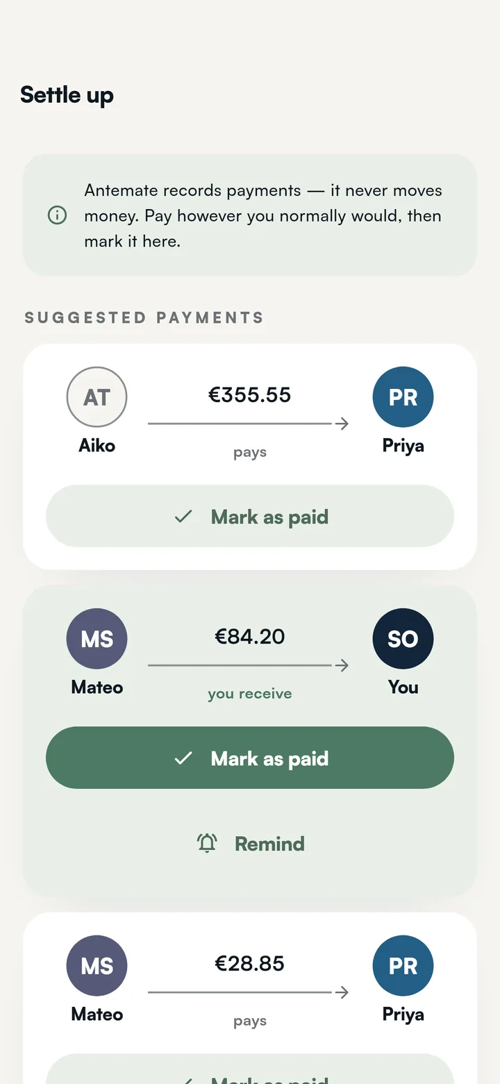 Settle up: the fewest payments that clear the group, each with a Mark as paid button.